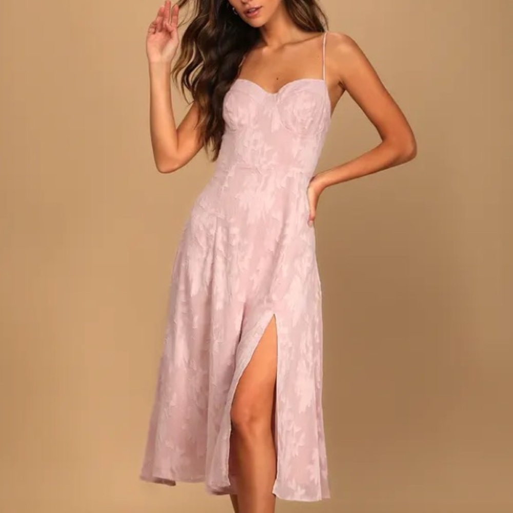 Lulu’s Blush Pink Floral Jacquard Tie-Strap Midi Dress